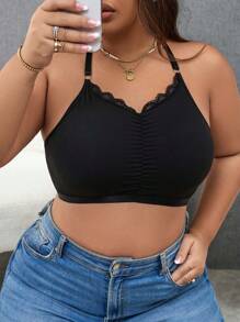 大碼蕾絲邊褶邊無鋼圈內衣 - 黑色 - 查看 1