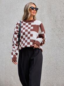 GENKIRA Suéter de punto con hombros caídos y estampado de cuadros para otoño e invierno - Multicolor - Ver 6
