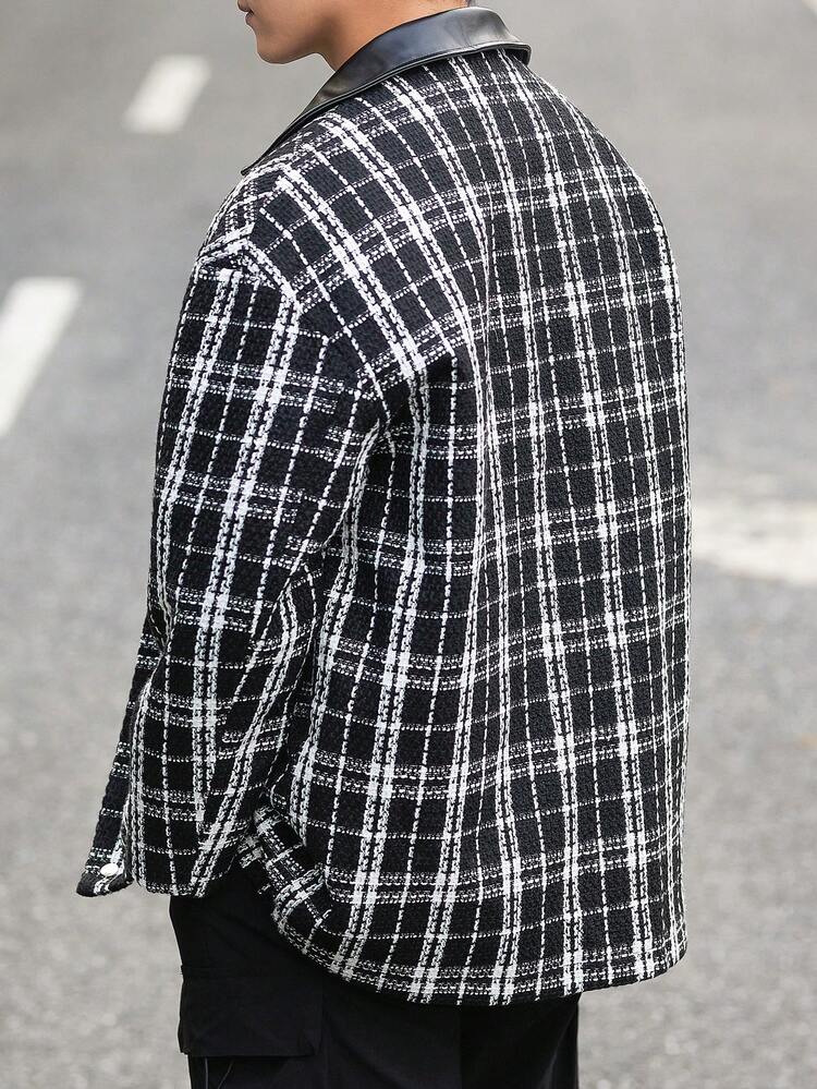 Loose Fit Men's Plaid Tweed Jacket With Flap Pockets, Drop Shoulders