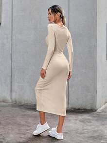 SHEIN Essnce Scoop Neck Ribbed Knit Bodycon Dress - Apricot - View 2