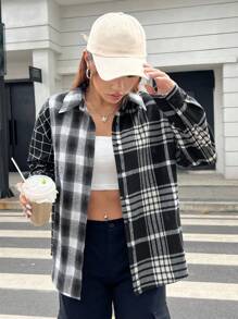 SHEIN EZwear Plaid Print Drop Shoulder Shirt - Black and White - View 6