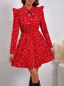 SHEIN LUNE Ditsy Floral Print Tie Neck Ruffle Trim Dress - Red - View 3