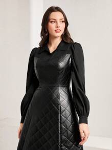 Mulvari Contrast Panel Puff Sleeve Leather Look Quilted Dress - Black - View 2