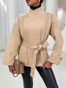 SHEIN Privé Waterfall Collar Drop Shoulder Belted Overcoat - Khaki - View 4