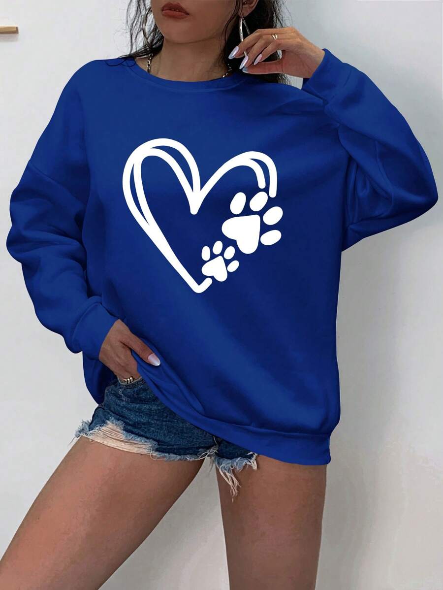 SHEIN EZwear Hơn Tim & In nét mỏng Thả vai Áo nỉ - Xanh đậm - Xem 1