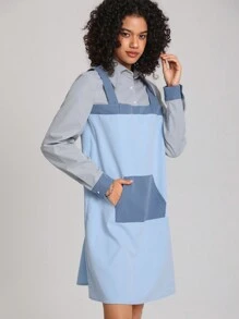 Jingwen 撞色袋鼠口袋半紐扣開襟假兩件洋裝 - 彩色 - 查看 3