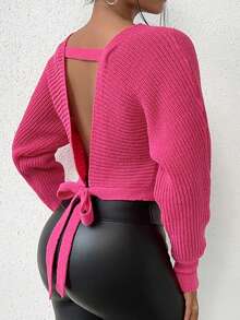 Allurite 後背繫帶蝙蝠袖短款毛衣 - 玫紅色 - 查看 2