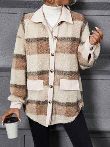 SHEIN LUNE In kẻ sọc Thả vai Áo khoác Teddy - Nhiều màu - Xem 1