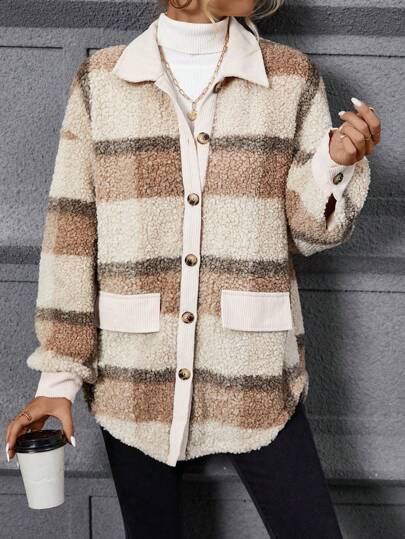 SHEIN LUNE Abrigo teddy con estampado de cuadros de hombros caídos