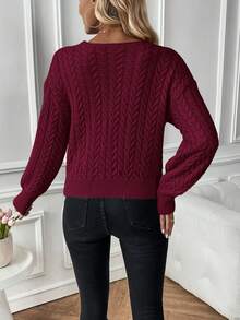 SHEIN Essnce 麻花編織落肩袖交叉套頭毛衣 - 酒紅色 - 查看 2