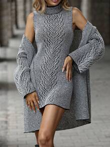 SHEIN Clasi Mock Neck Sweater Dress & Drop Shoulder Cardigan - Grey - View 1