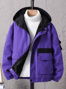 SHEIN 男大童1入組翻蓋口袋連帽加絨內裏夾克