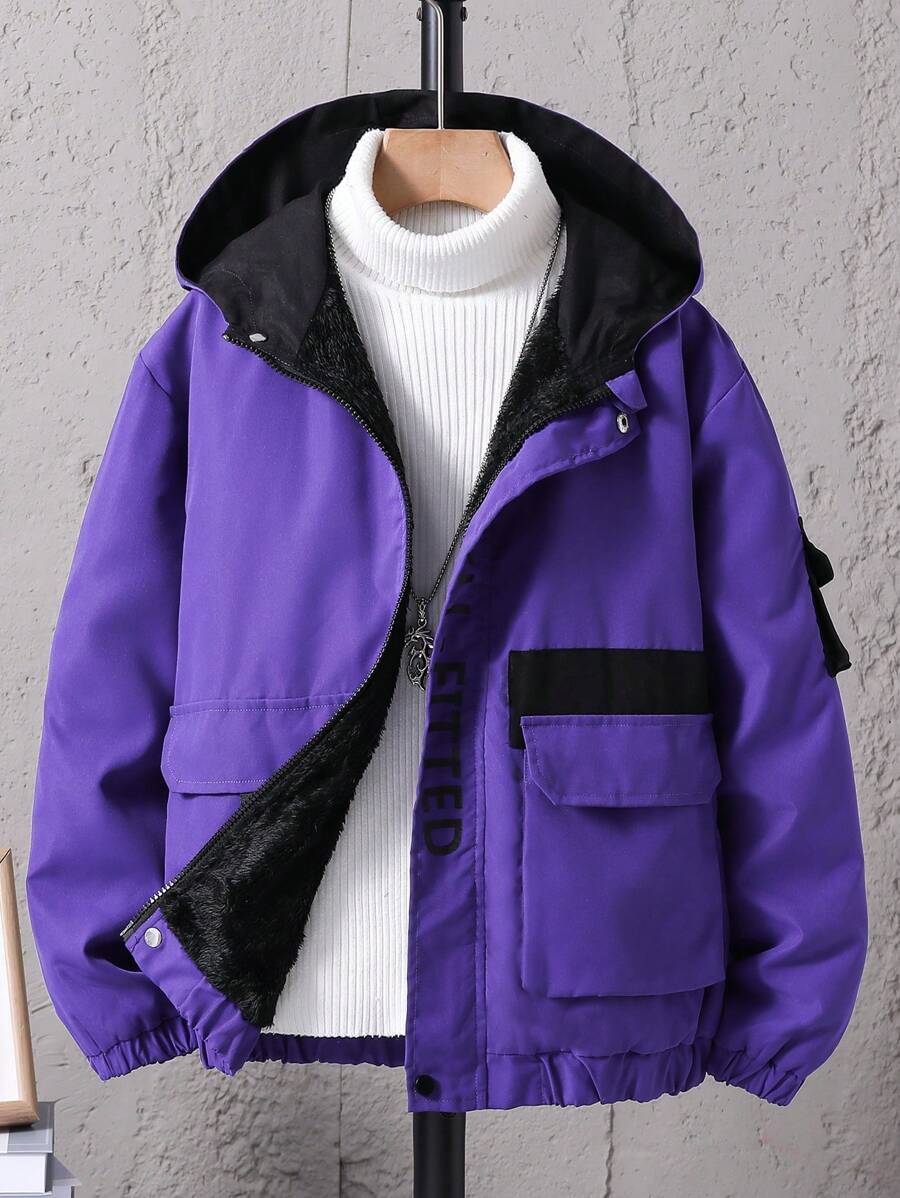 SHEIN 男大童1入組翻蓋口袋連帽加絨內裏夾克