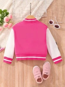 SHEIN Cô Gái Trẻ Thư được vá Khối màu Áo khoác Đại học Without Tee - Màu Hồng Tươi - Xem 2