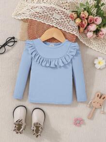 SHEIN 女嬰荷葉邊條紋針織T恤 - 藍色 - 查看 1