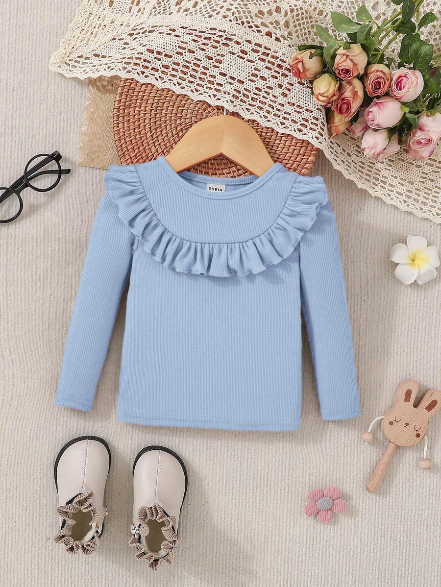 SHEIN 女嬰荷葉邊條紋針織T恤 - 藍色 - 查看 1
