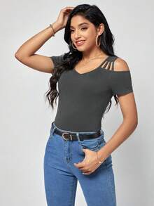SHEIN Clasi Chất rắn Cắt ra Vai lạnh Áo thun - Xám - Xem 6