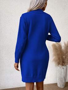 SHEIN LUNE 素色小高領條紋針織毛衣洋裝 - 藍色 - 查看 2