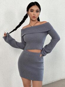 SHEIN Unity 折邊一字肩喇叭袖短款毛衣&針織短裙 - 淺灰色 - 查看 5