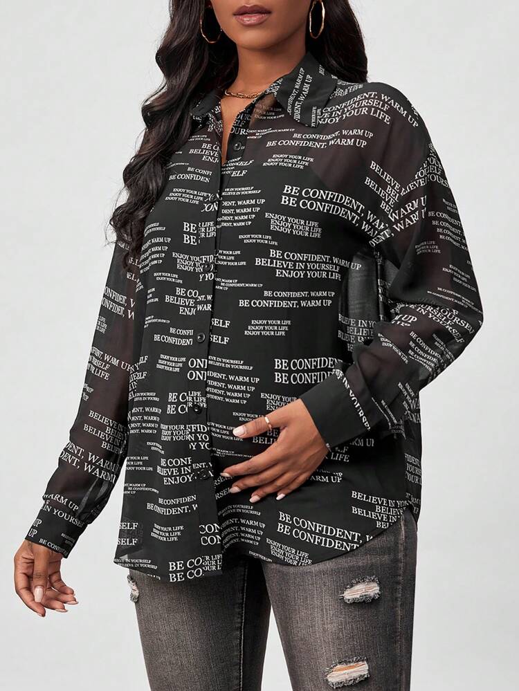 Full-length Letter Print Maternity Shirt