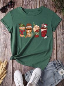 SHEIN EZwear Casual Christmas Print Short Sleeve Tee , Summer - Green - View 1