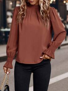 SHEIN Clasi 小高領抽褶袖口襯衫 - 橘色 - 查看 3