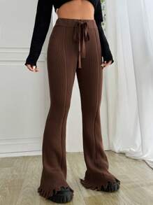 SHEIN EZwear 素色腰部抽繩仿舊下擺喇叭毛衣褲子 - 咖啡棕 - 查看 4