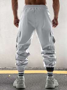 Manfinity EMRG Nam Khối màu Túi có nắp Eo dây rút Quần Cargo - Xám - Xem 2