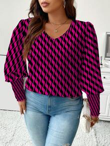 Celure Plus Allover Print Lantern Sleeve Blouse - Multicolor - View 5