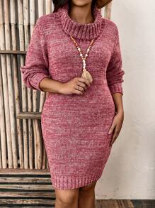 SHEIN LUNE Plus Turtleneck Marled Knit Sweater Dress - Red - View 3