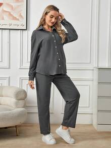 SHEIN Maternity Drop Shoulder Shirt & Adjustable Waist Pants - Dark Grey - View 4