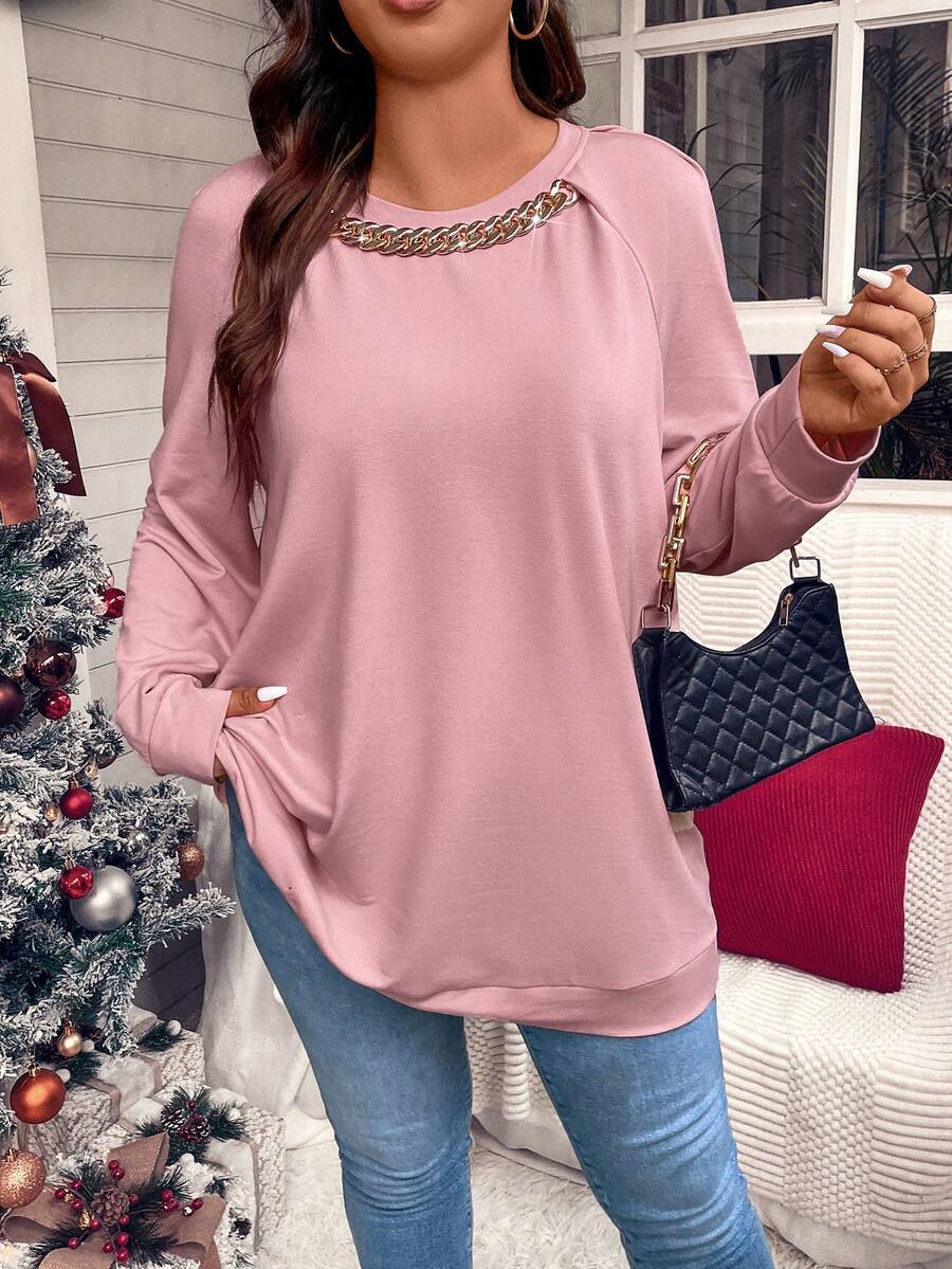 Calvaya Plus Chain Detail Raglan Sleeve Sweatshirt - Pink - View 1
