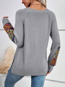 SHEIN LUNE Geo Pattern Raglan Sleeve Knit Pullover Fall Winter Sweater - Grey - View 2