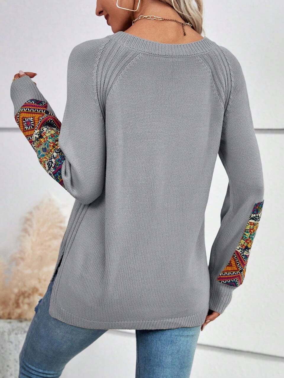 Geo Pattern Raglan Sleeve Knit Pullover Fall Winter Sweater