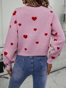 SHEIN Essnce 愛心圖案落肩袖套頭毛衣 - 粉色 - 查看 2