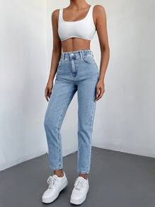 SHEIN Cottnline Straight Leg High Waisted Denim Pants - Light Wash - View 6