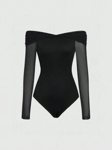 SHEIN Sweetro 一字肩網紗拼接褶邊連身背心 - 黑色 - 查看 1