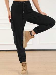 Pantalones cargo con bolsillo con solapa de cintura con cordón - Negro - Ver 4