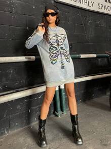 SHEIN EZwear Reflective Skeleton Print Drop Shoulder Sweatshirt Dress