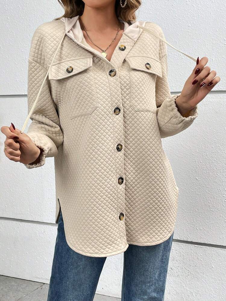 Flap Pocket Drop Shoulder Drawstring Hooded Coat