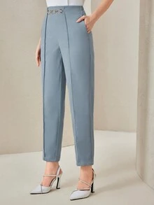 Modelyn Chi tiết chuỗi Mặt trước đường may Quần skinny Quần tây - Màu xanh bụi bặm - Xem 3