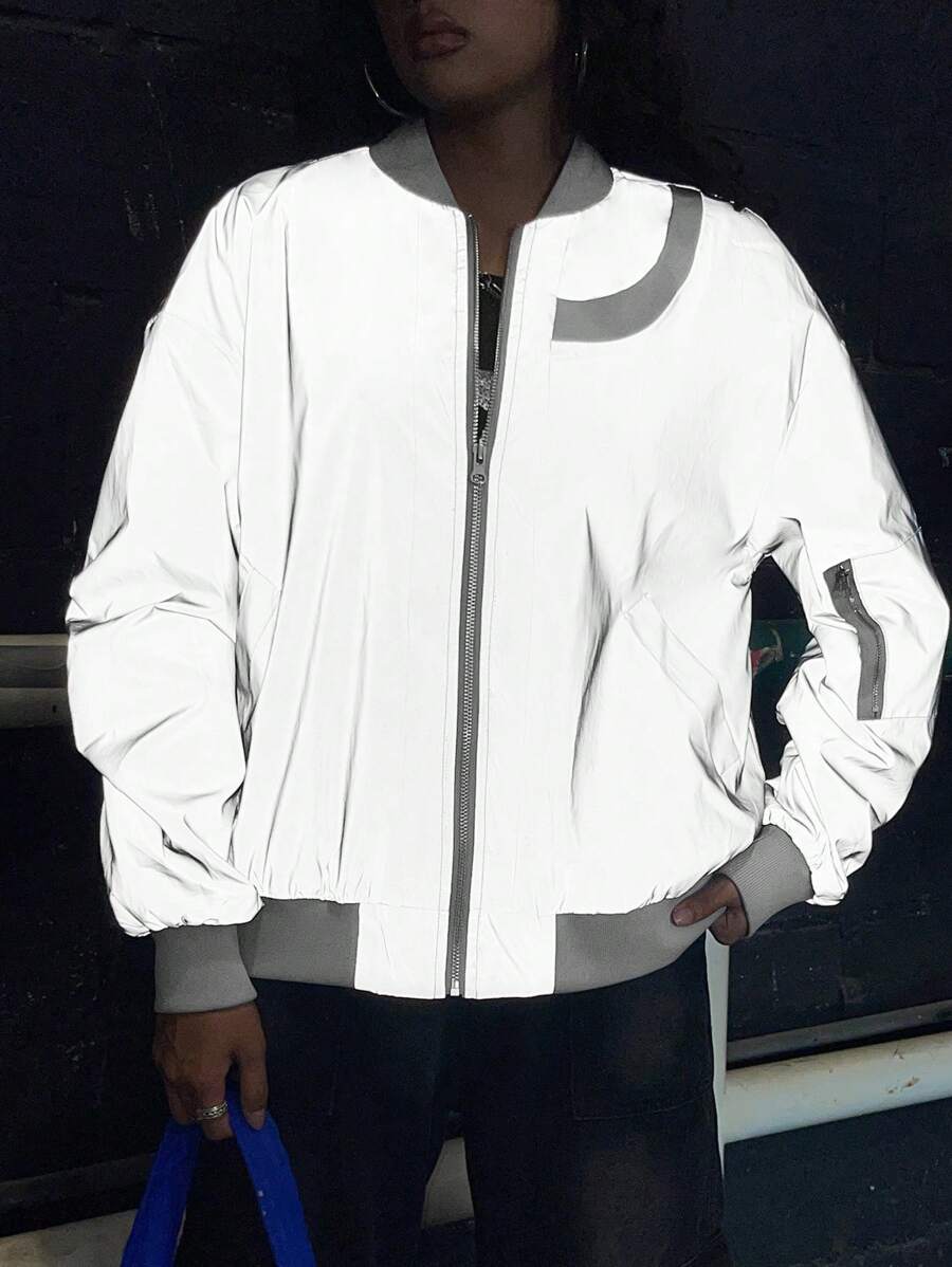 SHEIN EZwear Reflective Contrast Trim Zip Up Bomber Jacket - Light Grey - View 1