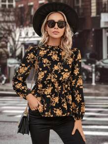 SHEIN Clasi 印花燈籠袖荷葉邊下擺襯衫 - 彩色 - 查看 1