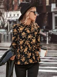 SHEIN Clasi 印花燈籠袖荷葉邊下擺襯衫 - 彩色 - 查看 3