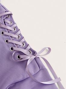 SHEIN EZwear 素色側邊綁帶落肩袖連帽衛衣 - 紫色 - 查看 3