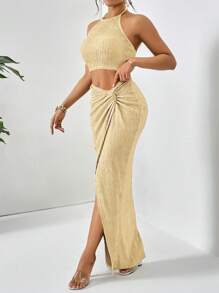 Firerie Solid Crop Halter Top & Twist Front Split Thigh Skirt Two Piece - Apricot - View 5