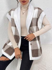 SHEIN Frenchy Plaid Teddy Fleece Vest Jacket With Turn-Down Collar Winter Casual Check - Multicolor - View 3