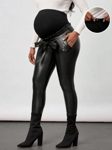 SHEIN 孕婦腰帶PU皮革緊身褲 - 黑色 - 查看 1