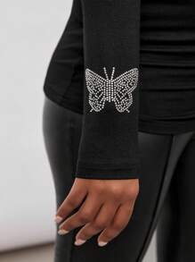 SHEIN Maternity Rhinestone Butterfly Pattern Mock Neck Tee - Black - View 6