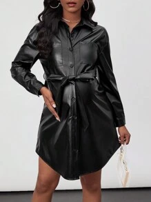 SHEIN 孕妇衬衫裙，前排纽扣，冬季 - 黑色 - 查看 4